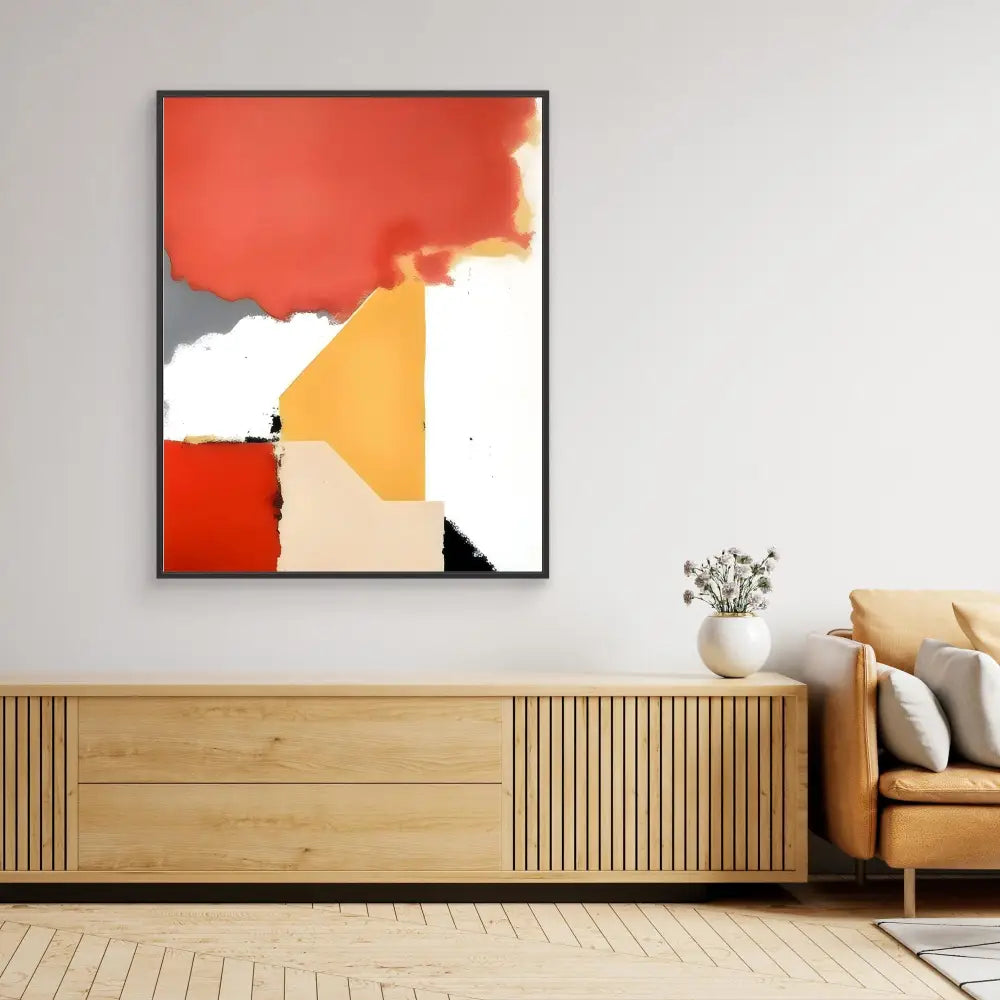 Abstract geometric artwork featuring orange, white and beige color blocks in a black frame.