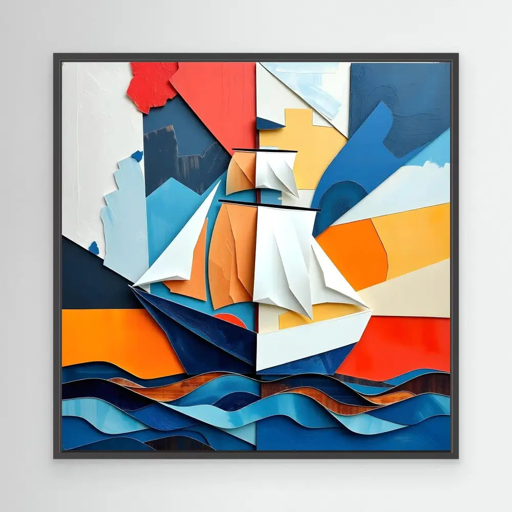 Abstract geometric artwork depicting a sailboat on stylized waves using angular shapes in blue, orange, white and red.