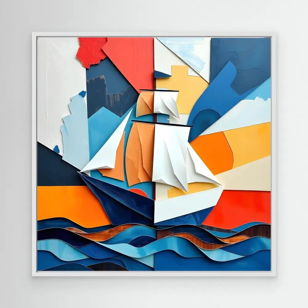 Abstract geometric artwork depicting a sailboat on stylized waves using angular shapes in orange, blue, and white.