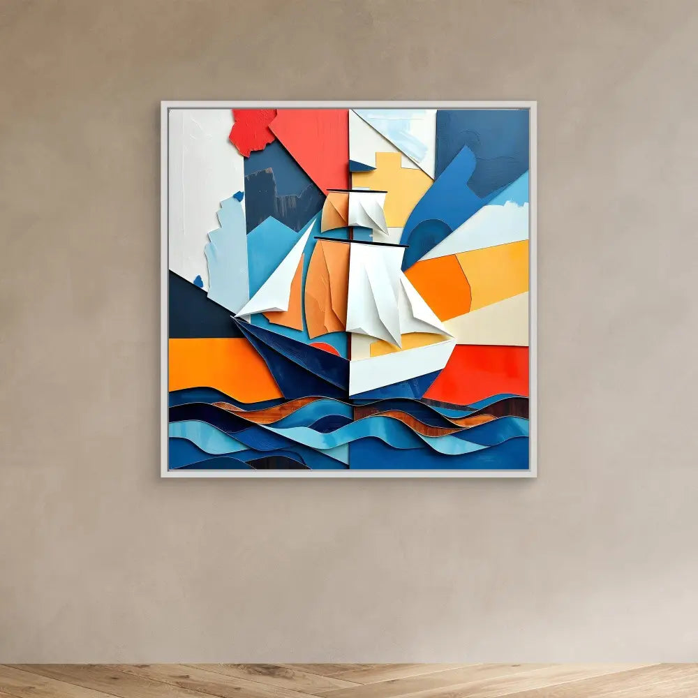 Abstract geometric artwork depicting a sailing ship on stylized waves using bold orange, blue, and white shapes.