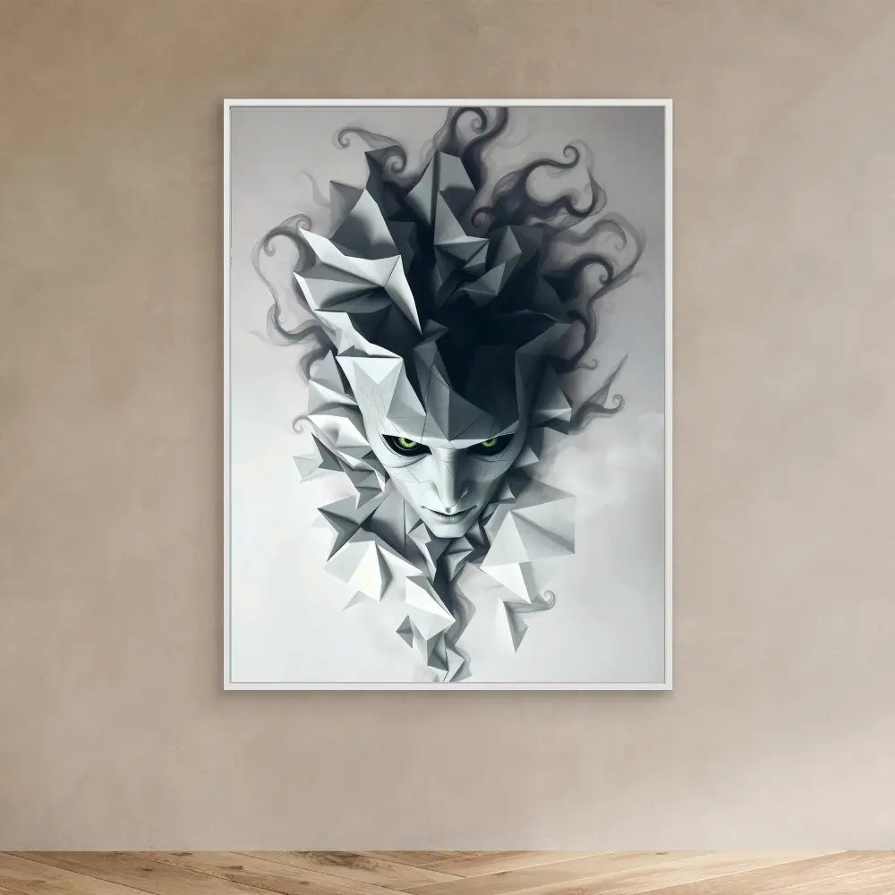 Abstract geometric mask with flowing dark tendrils emerging from its surface.