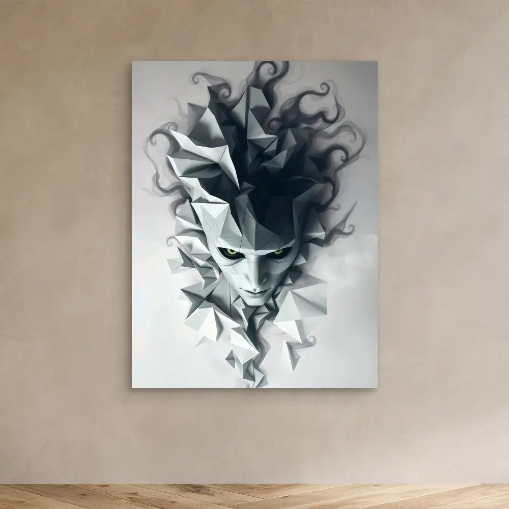 Abstract geometric mask with swirling smoke-like tendrils emerging from its form.