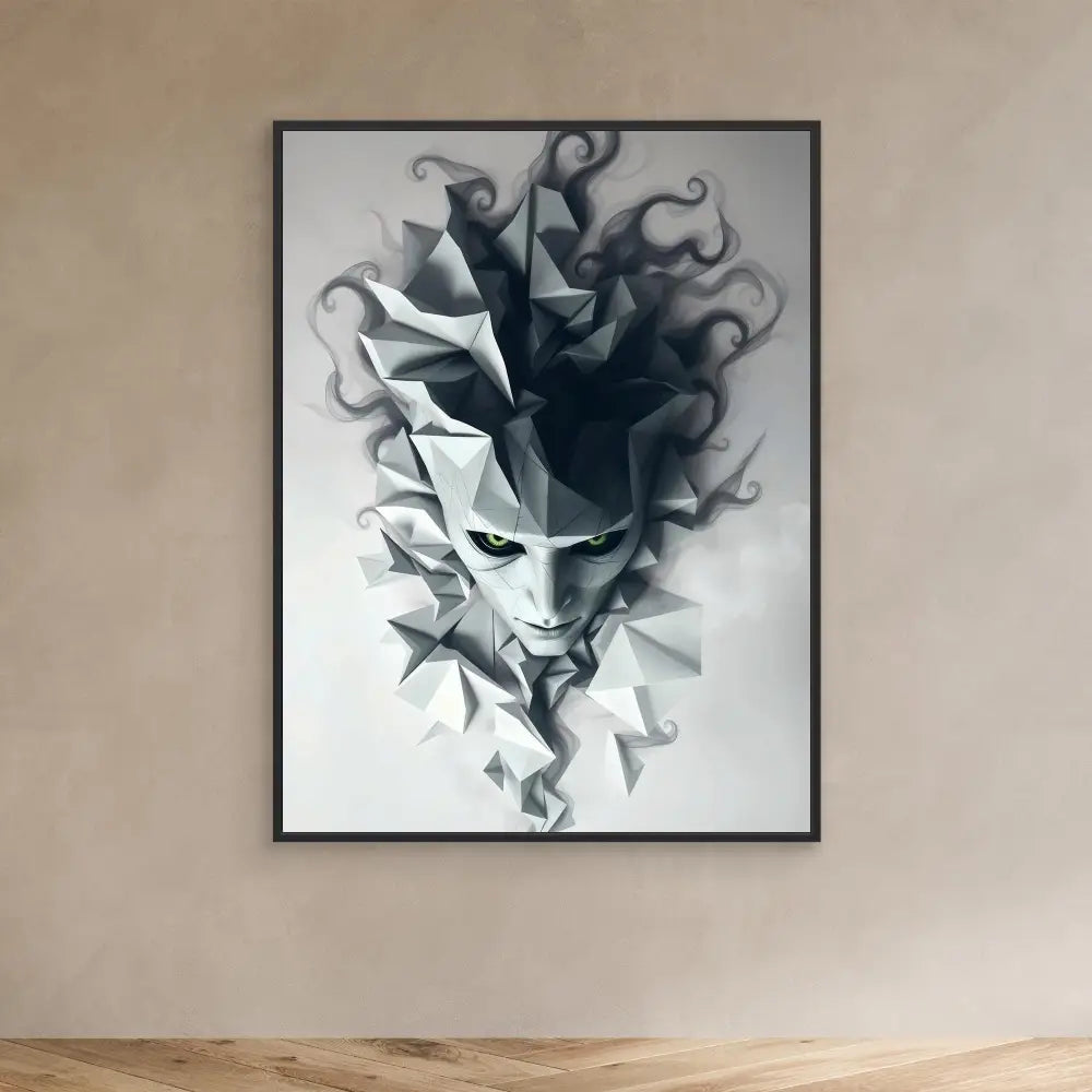 Abstract geometric mask with swirling smoke-like tendrils emerging from it.