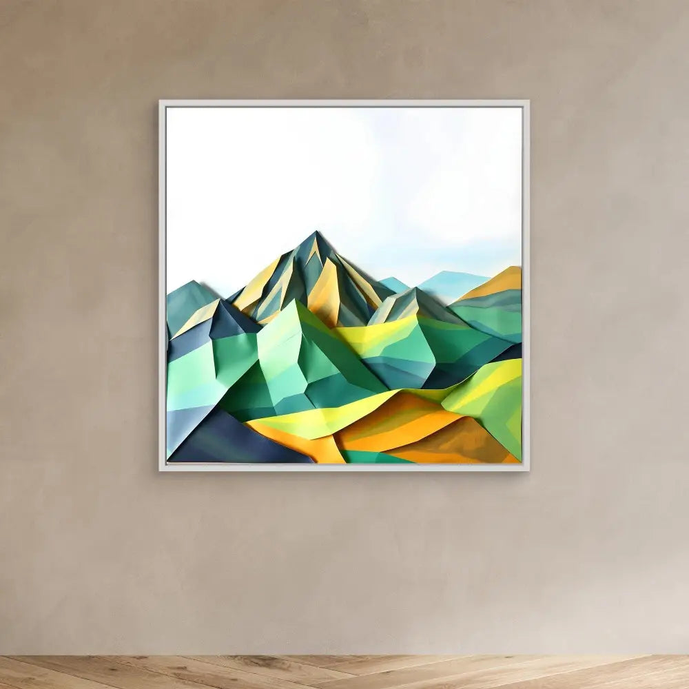 Abstract geometric mountain landscape painting featuring angular peaks in green and yellow tones.