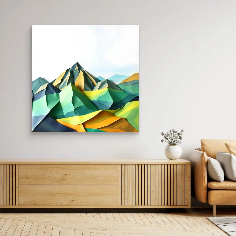 Abstract geometric mountain landscape painting featuring angular green and yellow peaks.