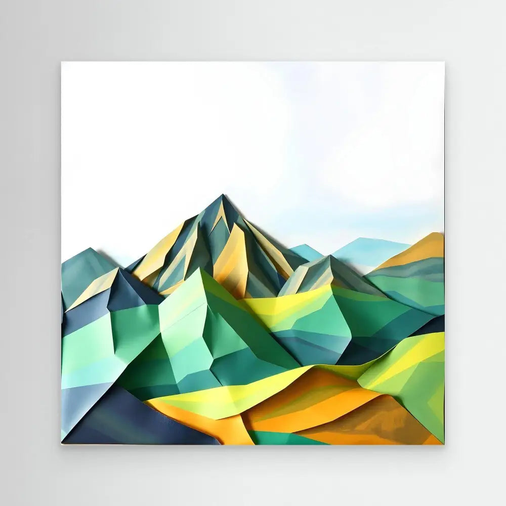 Abstract geometric mountain landscape rendered in angular green, yellow and teal shapes.