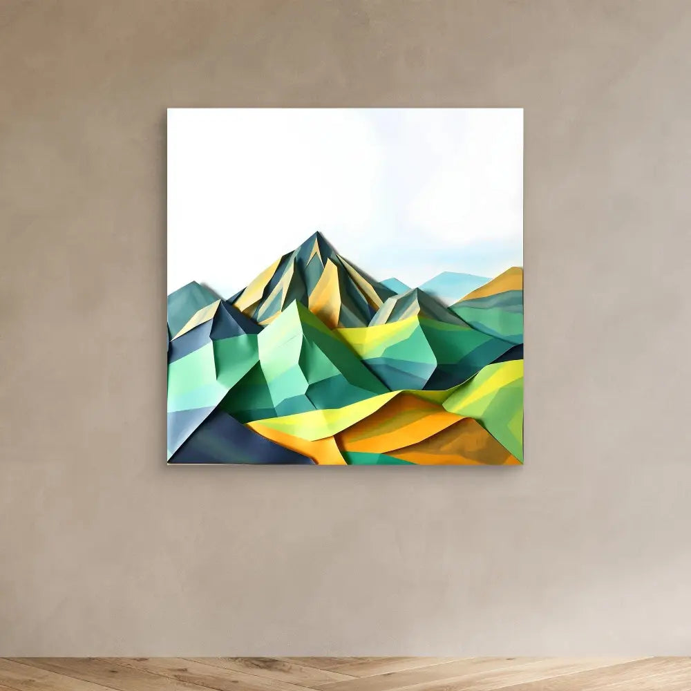 Abstract geometric mountain landscape rendered in angular green, yellow and blue shapes.