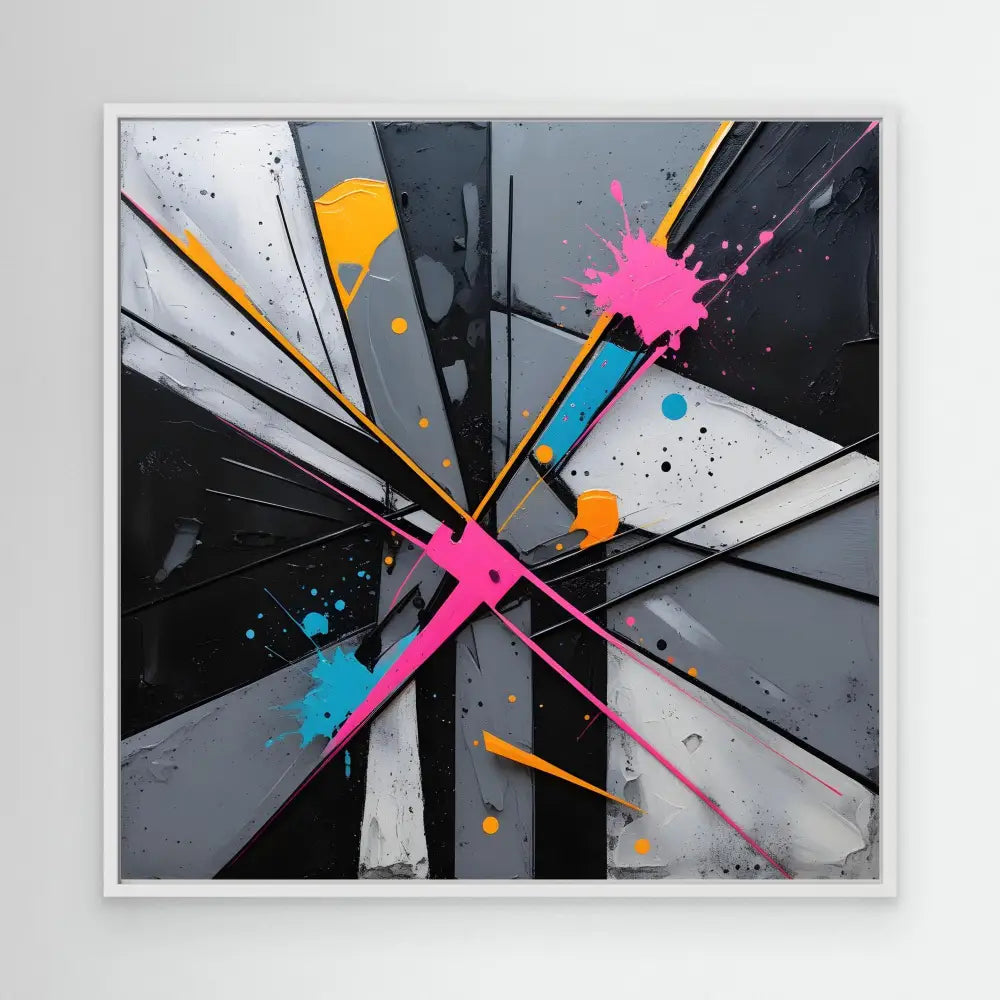 Abstract geometric painting featuring intersecting angular shapes with pink, blue, and orange paint splatter accents.