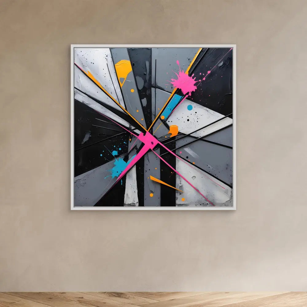 Abstract geometric painting featuring intersecting angular shapes with pink and orange paint splatters on a black and gray background.