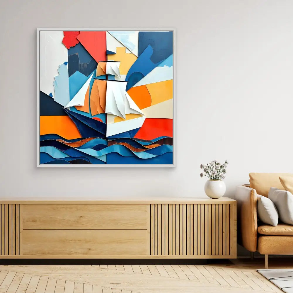 Abstract geometric painting featuring bold orange, blue and white shapes suggesting a sailboat on waves.