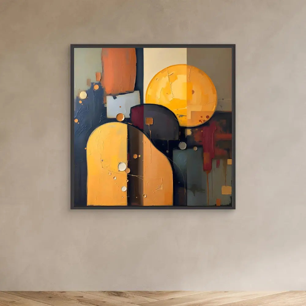 Abstract geometric painting featuring overlapping circles and arches in orange, black, and navy blue tones.