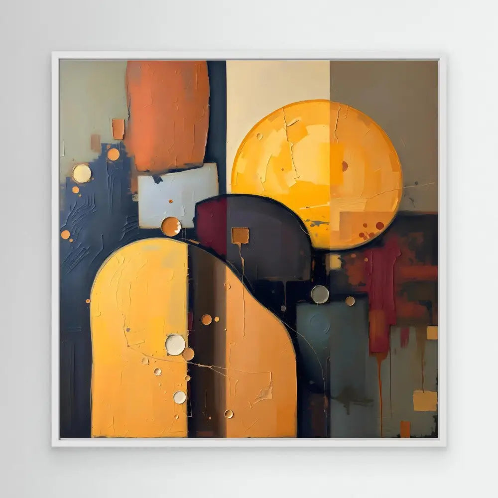 Abstract geometric painting featuring curved orange shapes against dark contrasting elements.