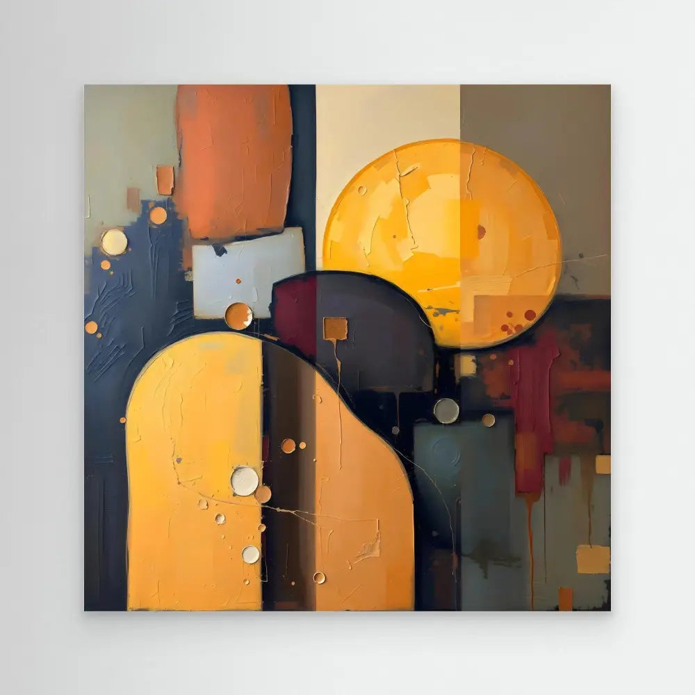 Abstract geometric painting featuring curved orange and black shapes with scattered circular elements.