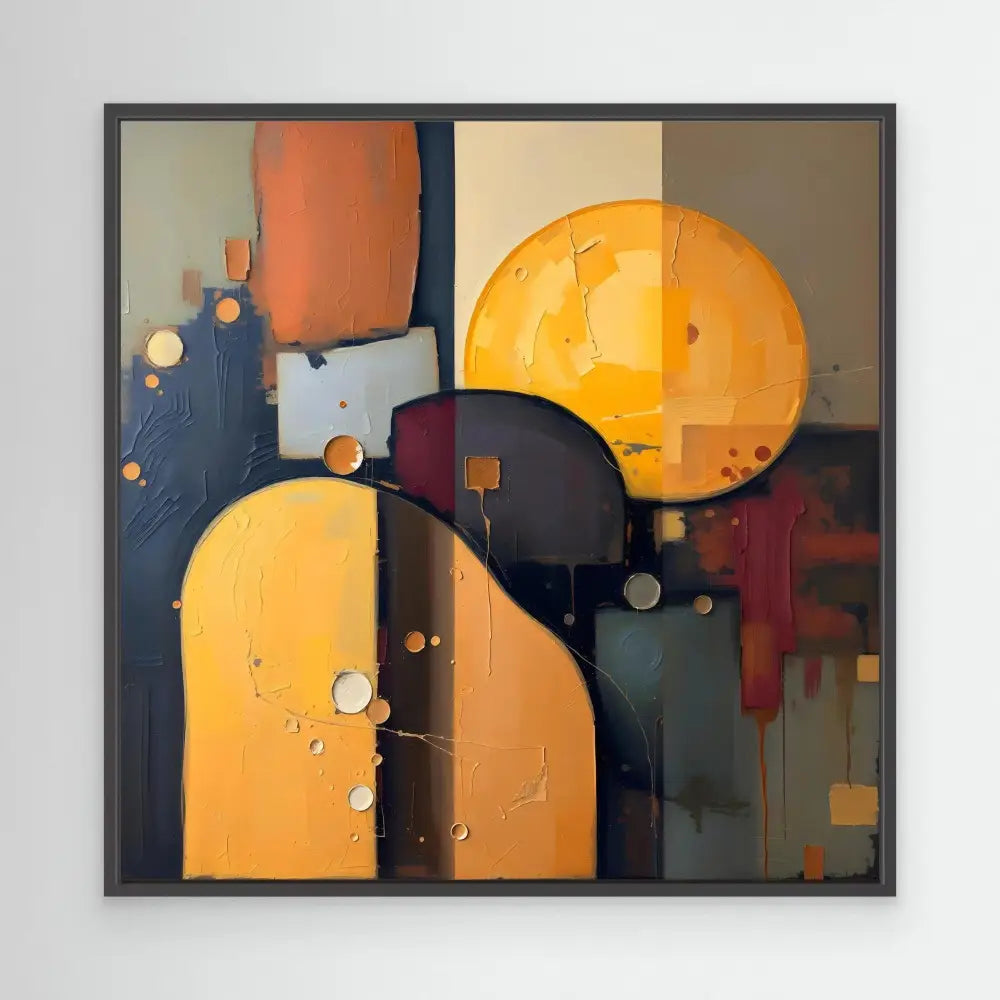 Abstract geometric painting featuring curved orange and black shapes with scattered circular elements.