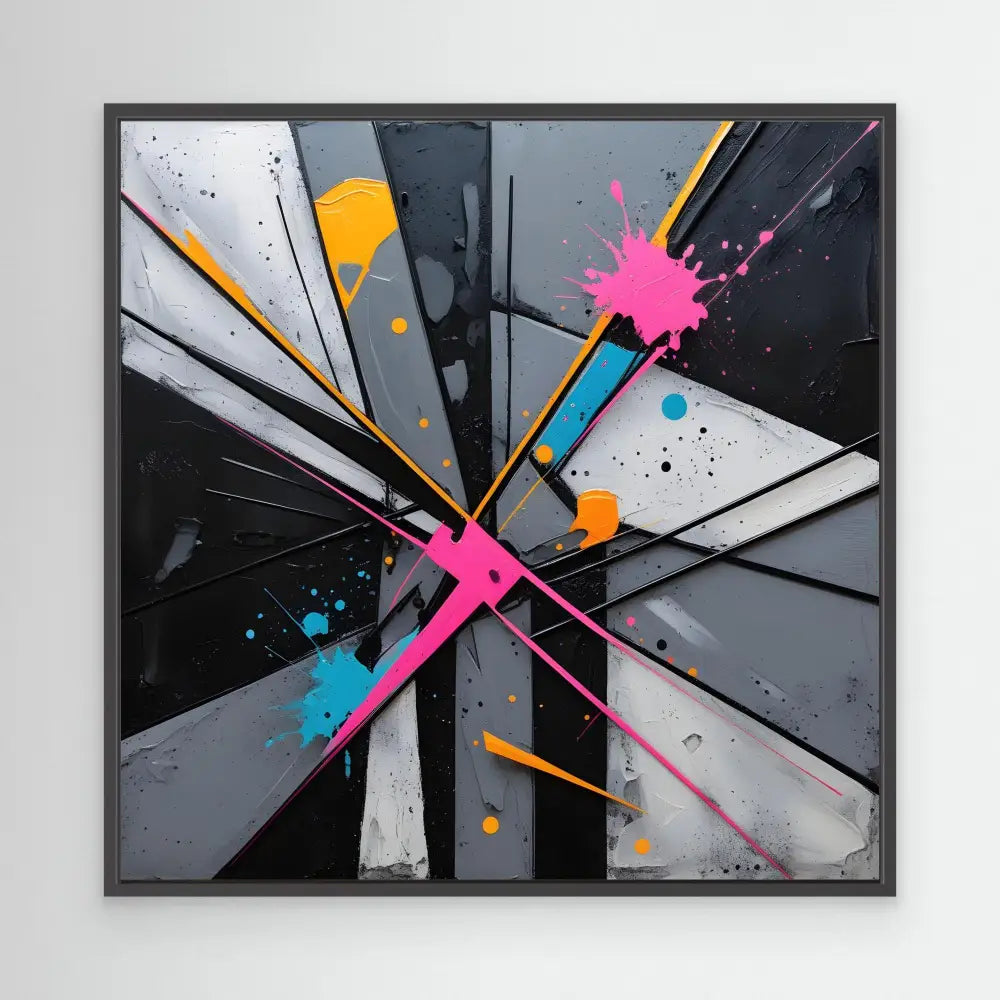 Abstract geometric painting featuring intersecting lines and colorful paint splatter in pink, blue, orange, and yellow against a black and gray background.