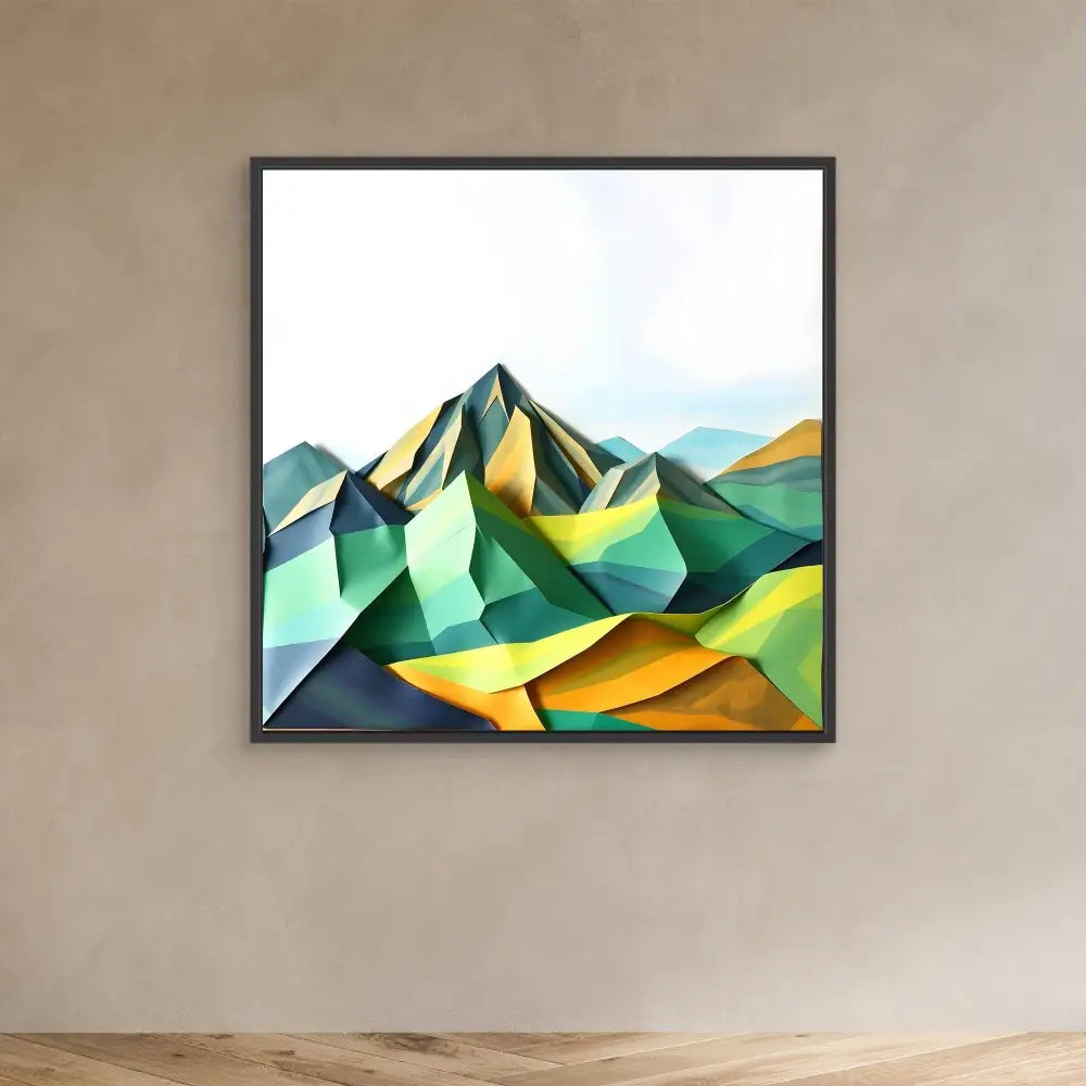 Abstract geometric painting of mountains in green and yellow tones.