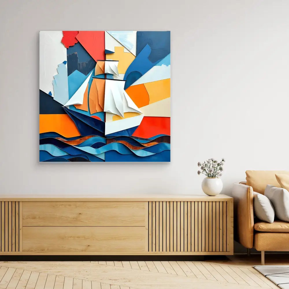 Abstract geometric painting featuring sailboats on stylized waves in bold orange, blue, and white colors.