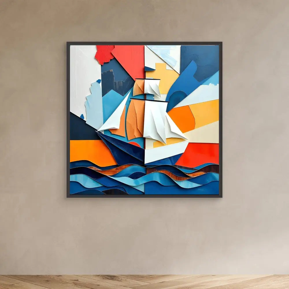 Abstract geometric painting of a sailing ship on stylized waves using bold orange, blue, and white shapes.