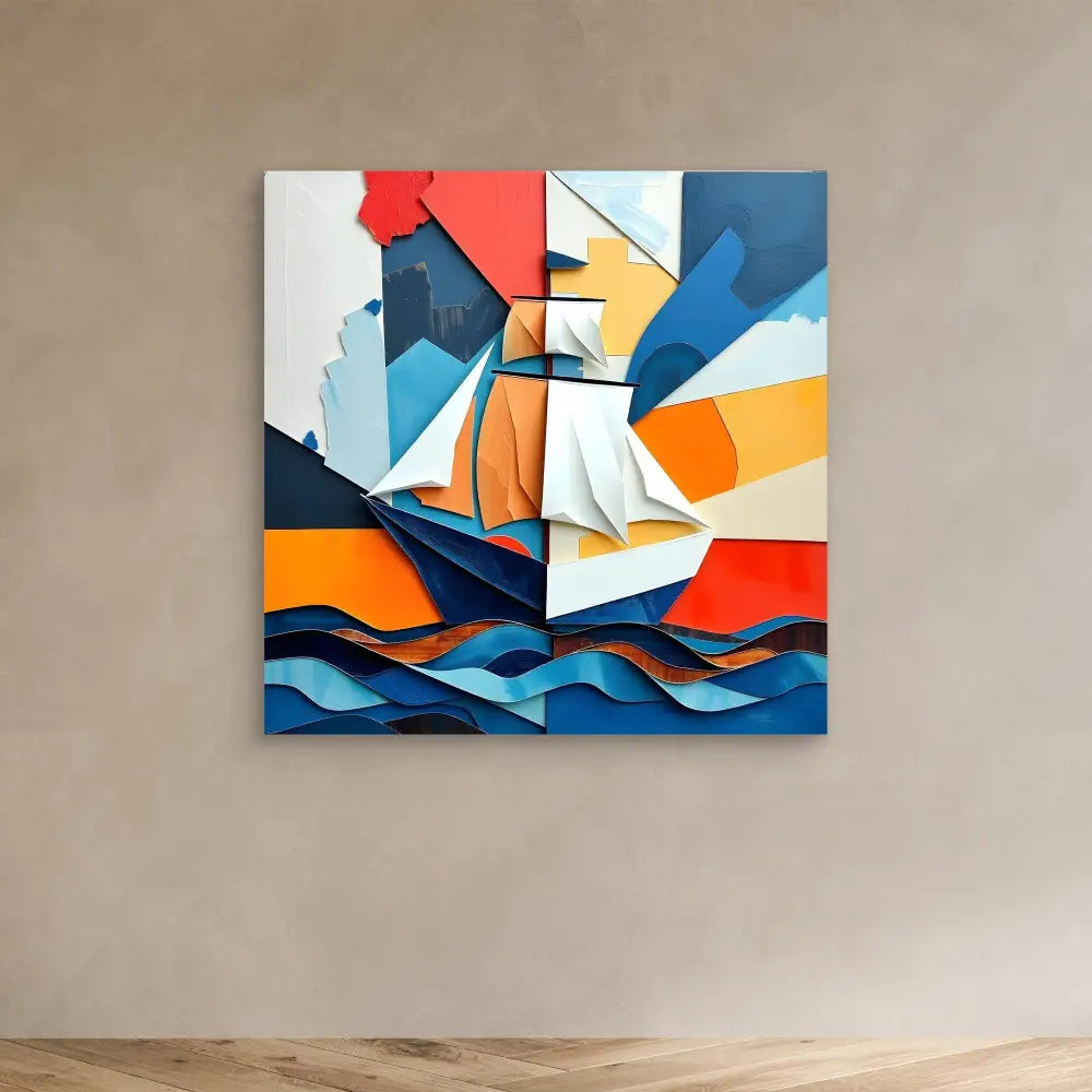 Abstract geometric painting of a sailing ship on stylized waves using bold orange, blue, and white shapes.