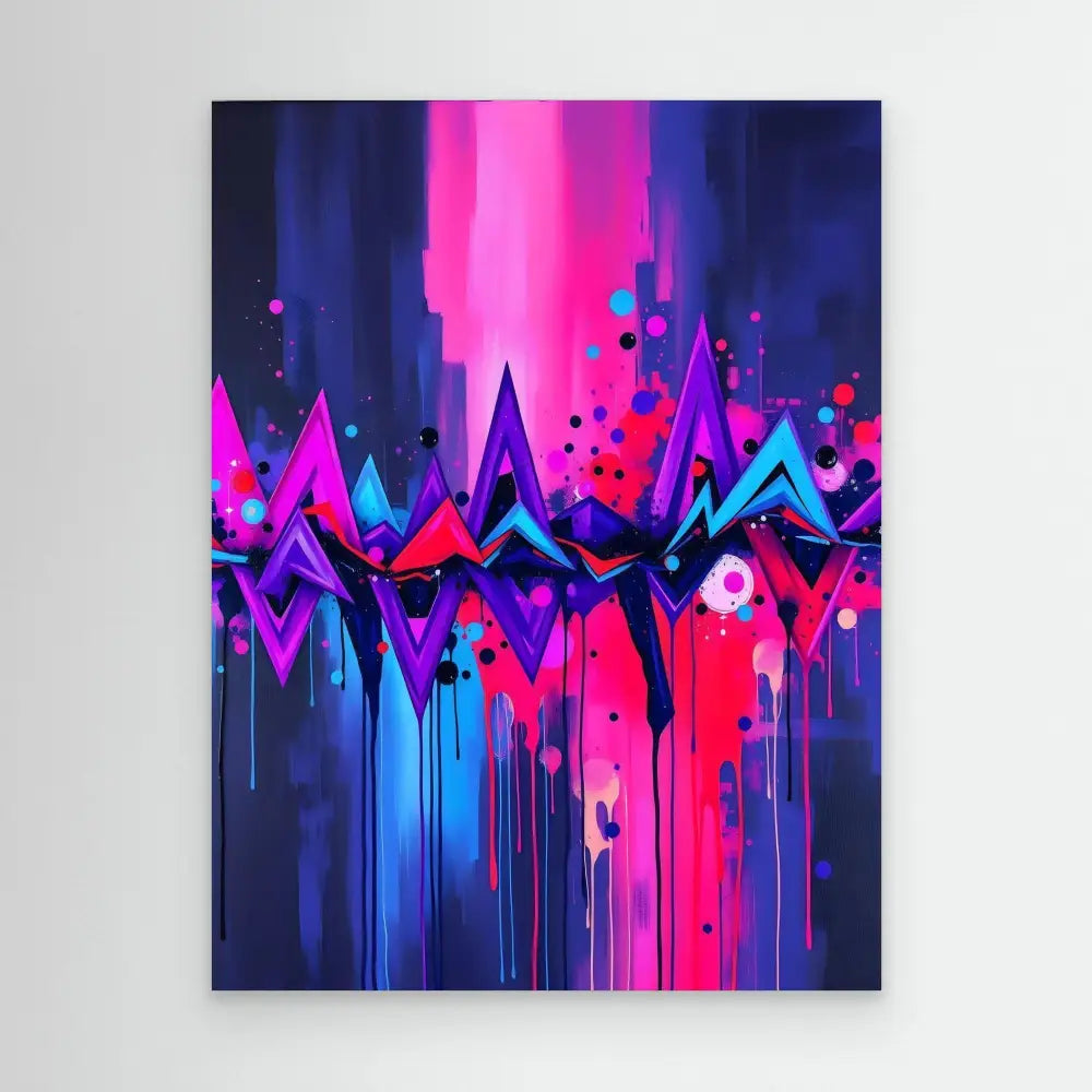 Abstract geometric pattern with dripping neon pink, blue and purple paint effects.