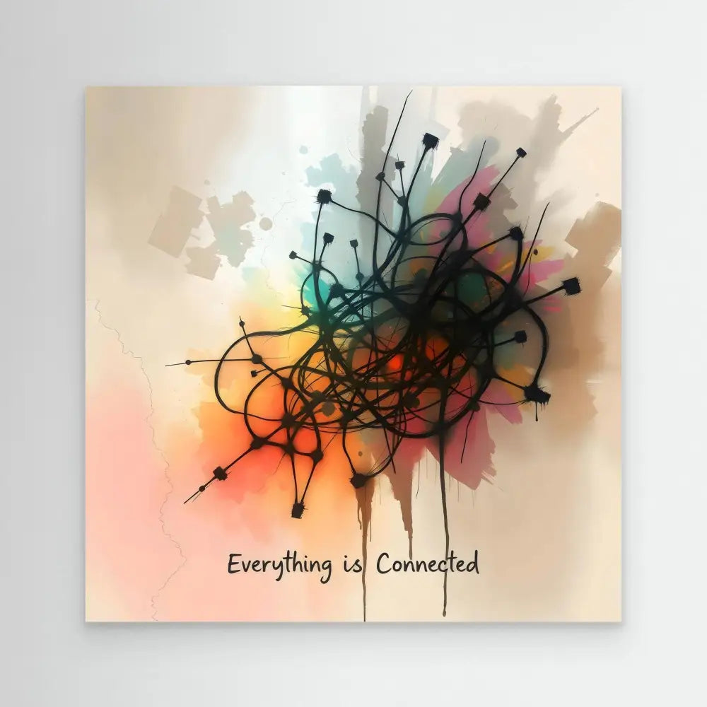 An abstract interconnected network of black lines and colorful splatters with text reading ’Everything is Connected’