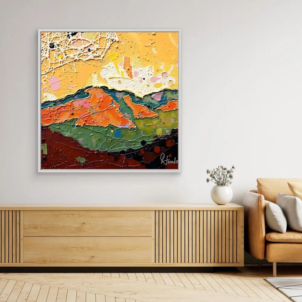 Abstract landscape painting with bold orange, green and red mountains against a yellow sky.