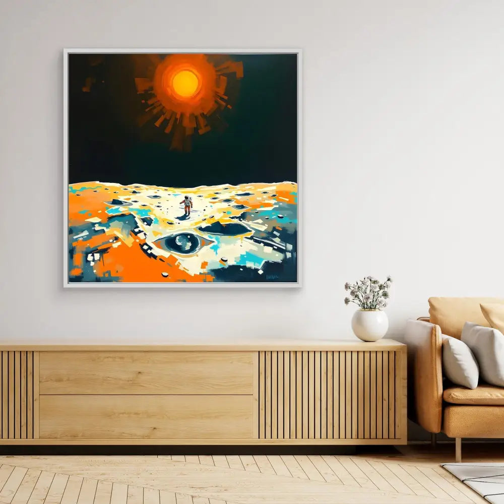 Abstract landscape painting featuring a bright orange sun over a colorful desert-like terrain.