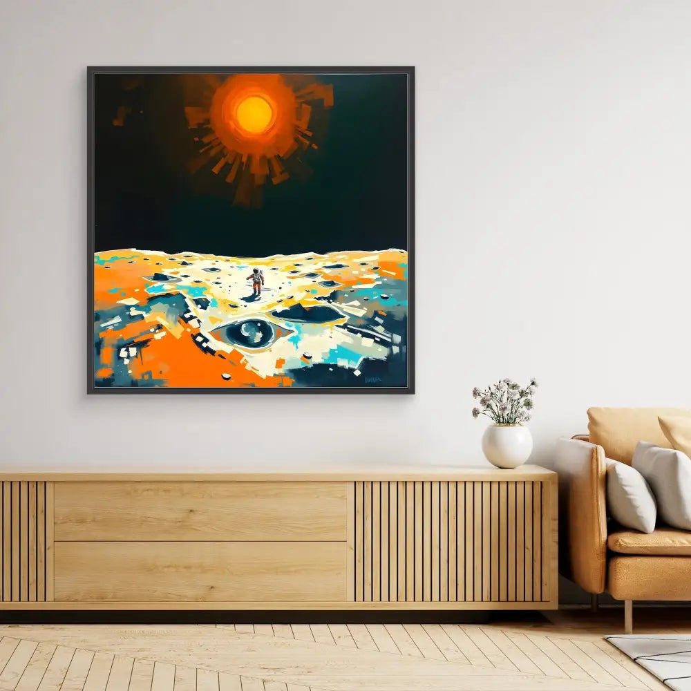 Abstract landscape painting featuring a bright orange sun over a colorful desert-like terrain.