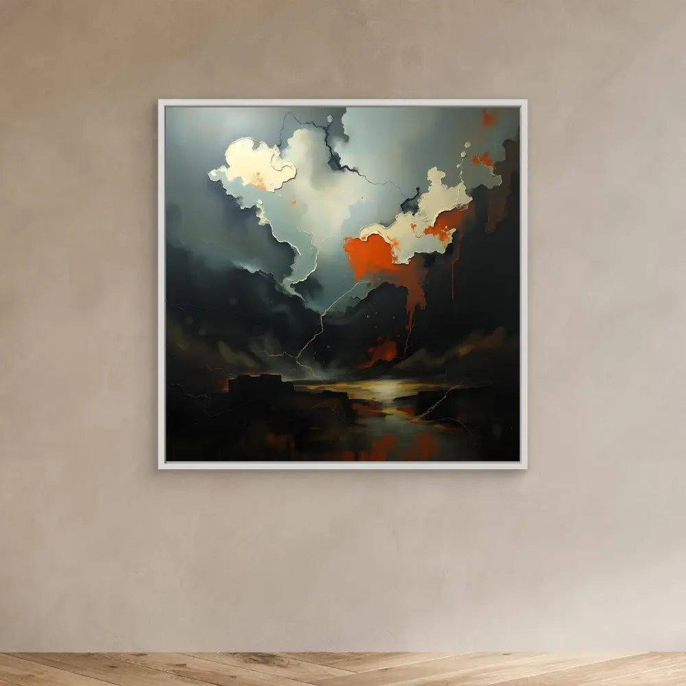 Abstract landscape painting featuring dramatic clouds and reflections in dark and orange tones.