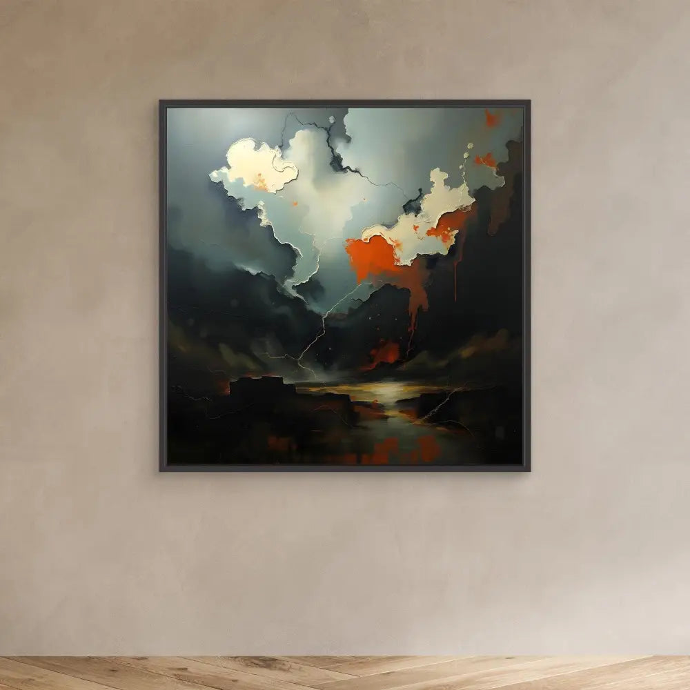 Abstract landscape painting featuring dramatic storm clouds with orange and white accents against a dark moody sky.