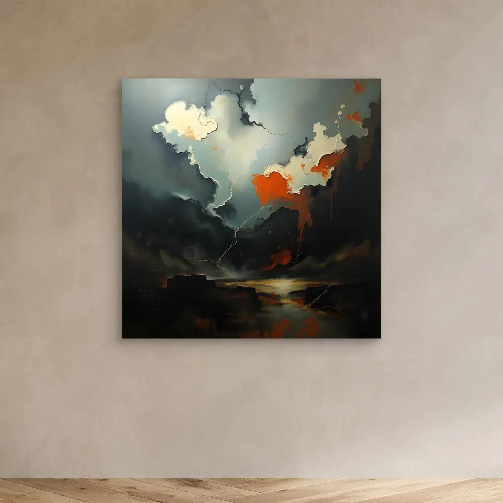 Abstract landscape painting featuring dramatic storm clouds with orange and gray tones reflected in water below.