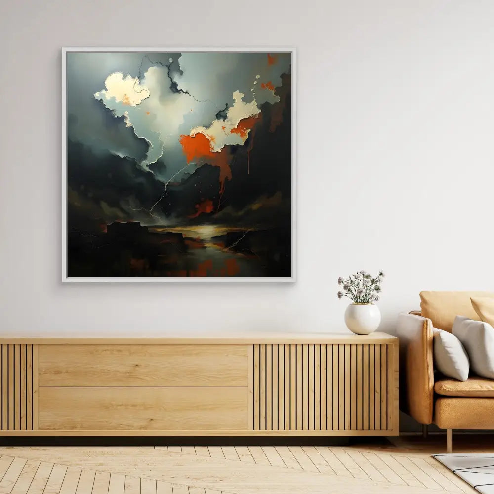 Abstract landscape painting featuring dramatic storm clouds in dark grays and vibrant orange tones.