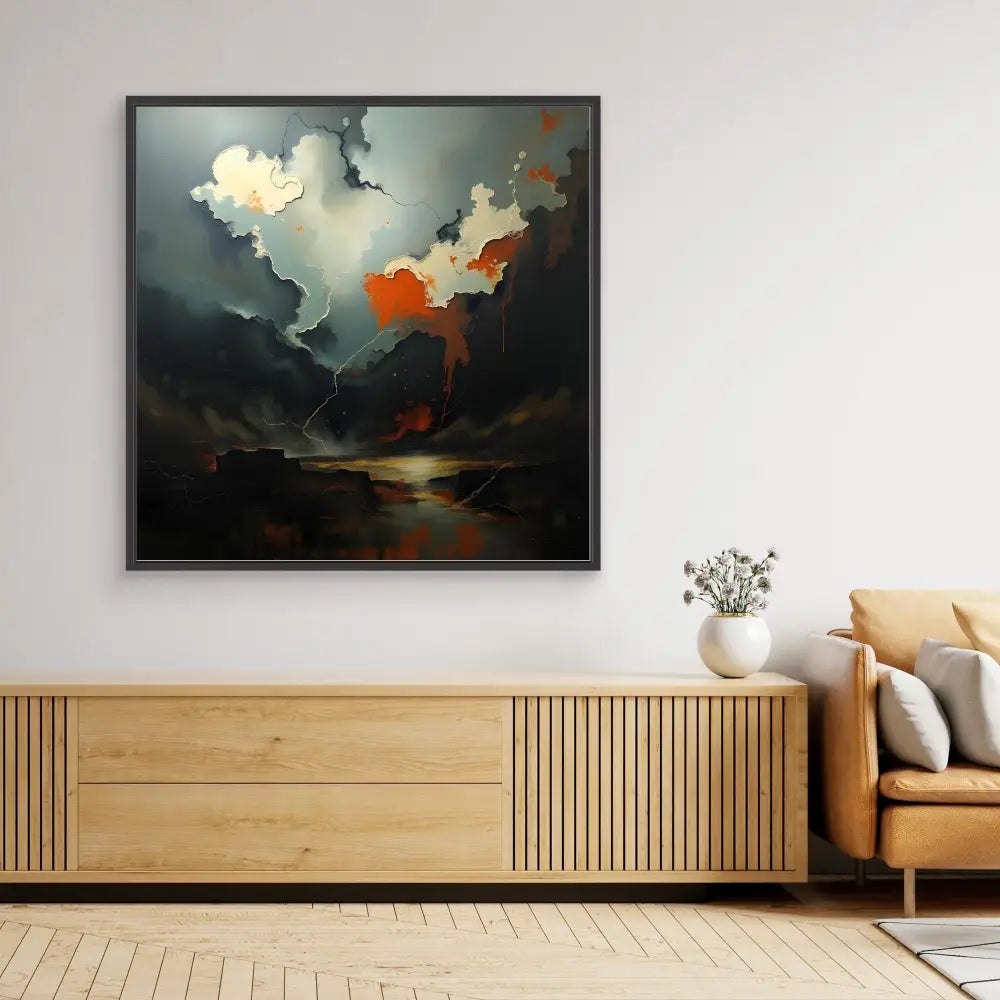 Abstract landscape painting featuring dramatic stormy clouds with orange and gray tones.