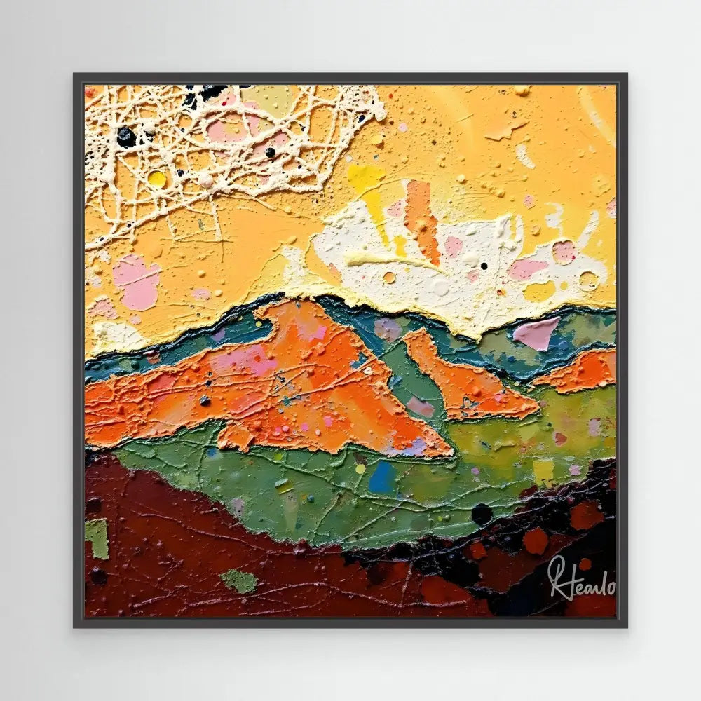 Abstract landscape painting featuring layered mountains in vibrant orange, green and burgundy tones beneath a golden sky.