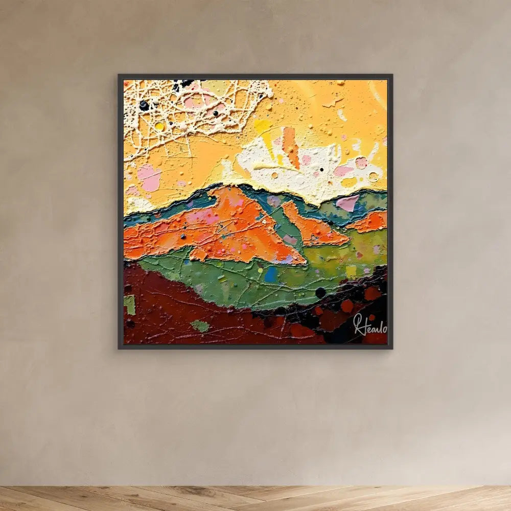 Abstract landscape painting featuring mountains in bold orange, green and red tones against a yellow sky.