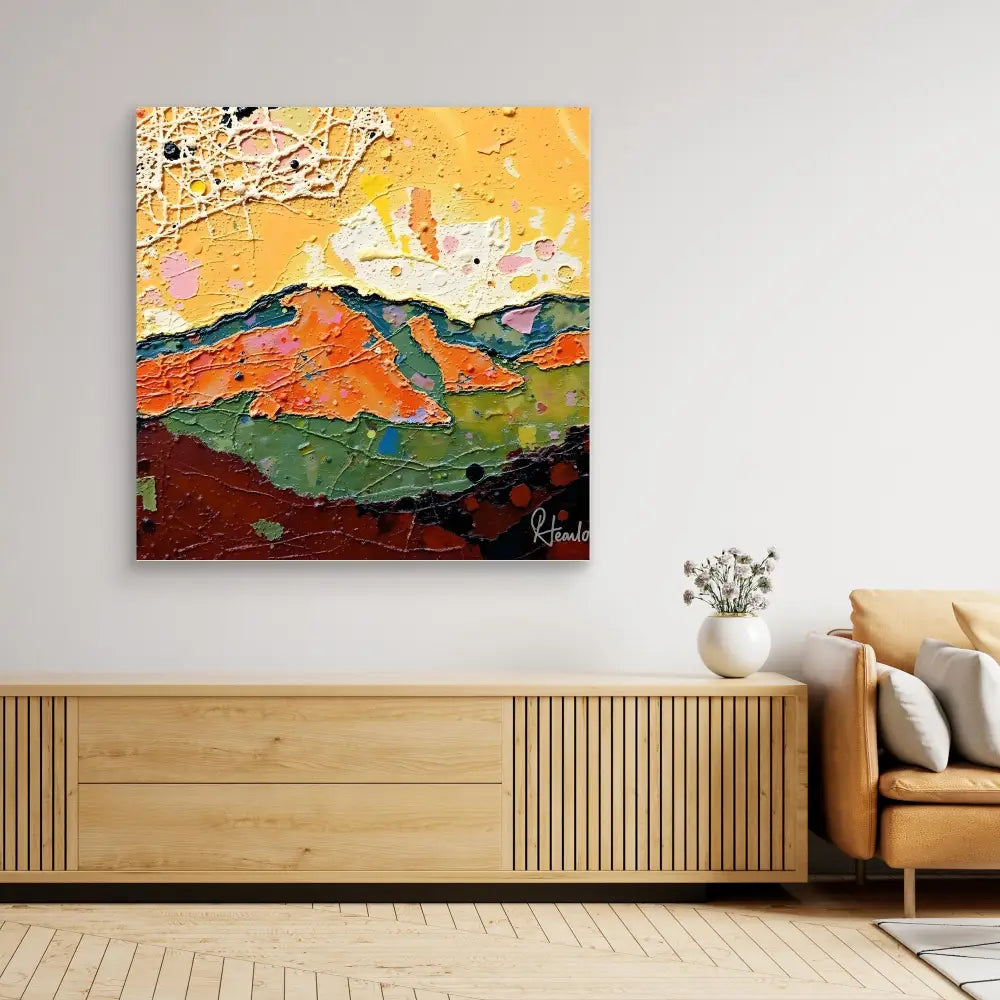 Abstract landscape painting featuring mountains in bold orange, green and red tones against a golden sky.