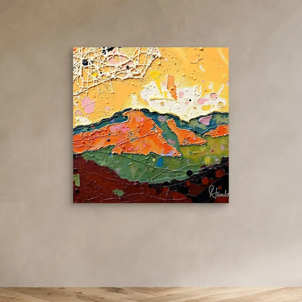 Abstract landscape painting featuring mountains in bold orange, green and red tones against a yellow sky.