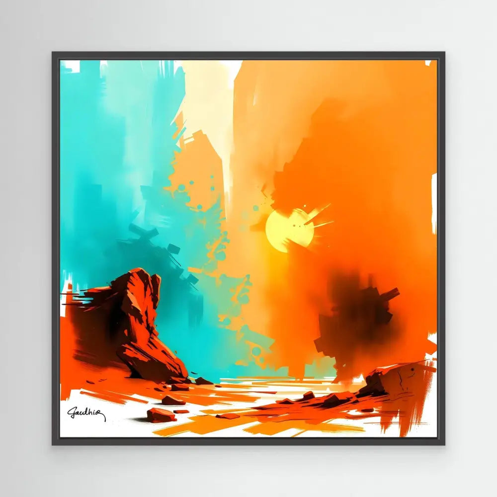 Abstract landscape painting featuring orange and turquoise desert rock formations.