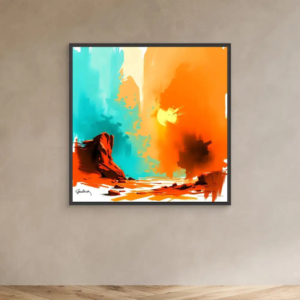 Abstract landscape painting featuring orange and turquoise skies over rocky terrain.