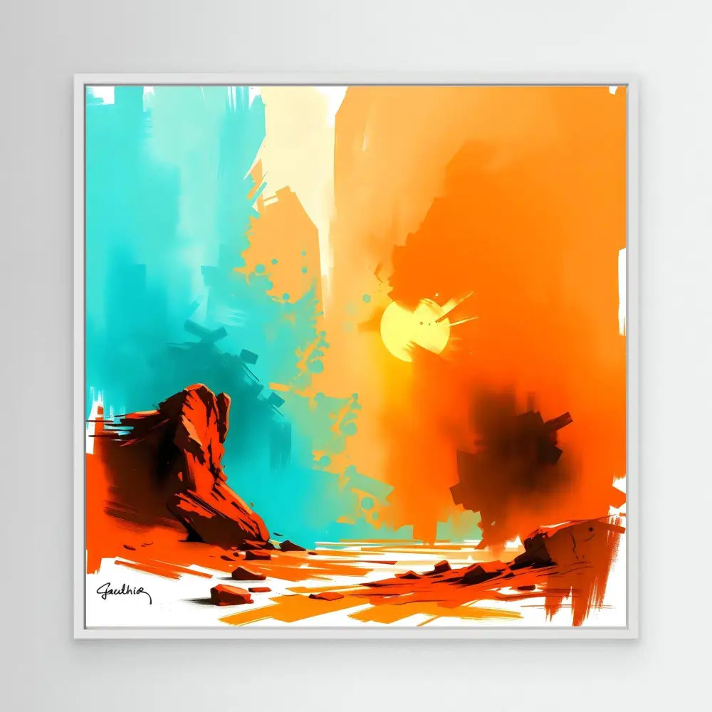 Abstract landscape painting featuring a rocky formation against a split turquoise and orange sky.