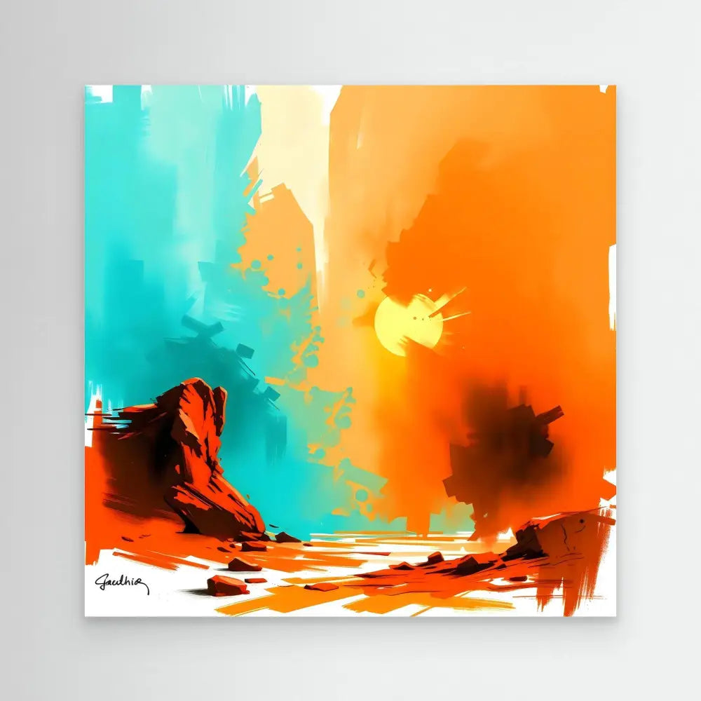 Abstract landscape painting featuring a rocky outcrop in vibrant turquoise and orange tones.