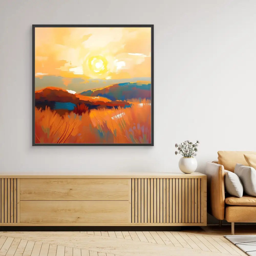 Abstract landscape painting featuring a sunset over mountains with warm orange and yellow tones.