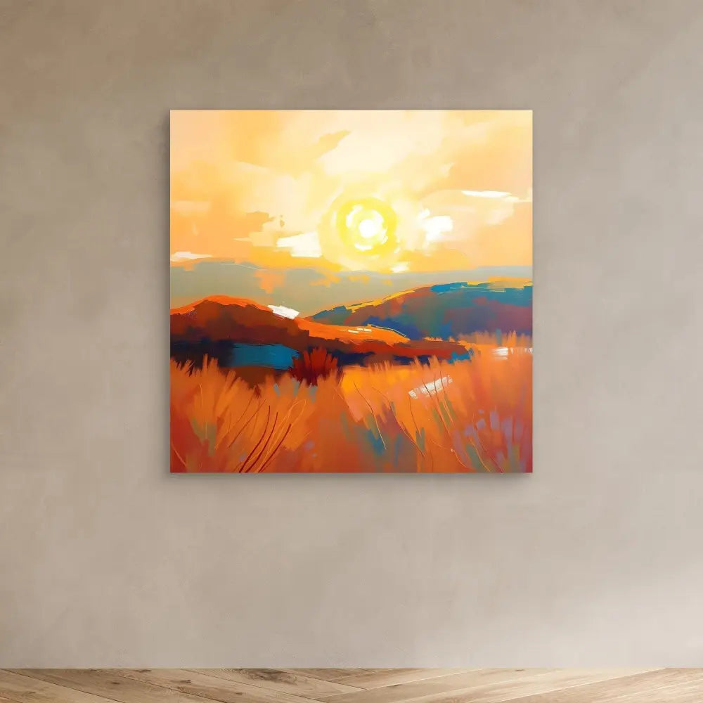 Abstract landscape painting featuring a sunset over orange fields and blue mountains.