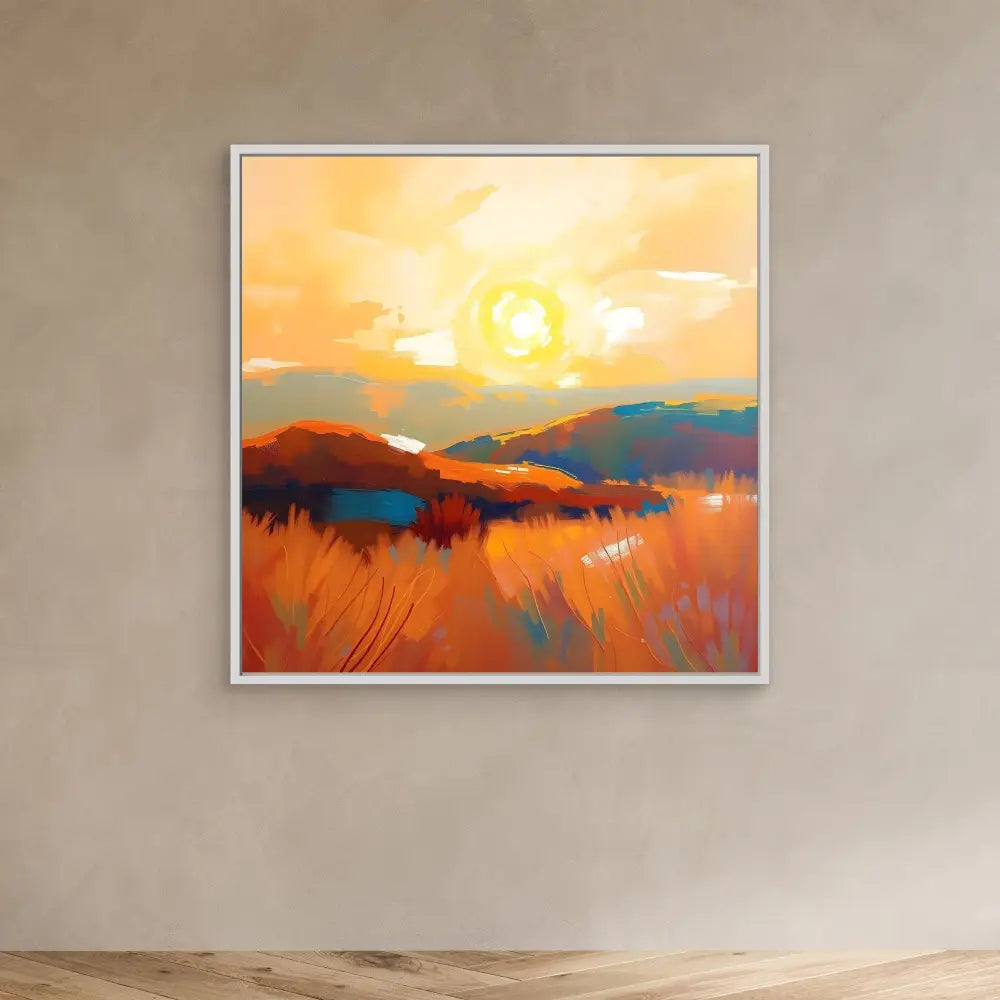 Abstract landscape painting featuring a sunset over orange-hued mountains and fields.