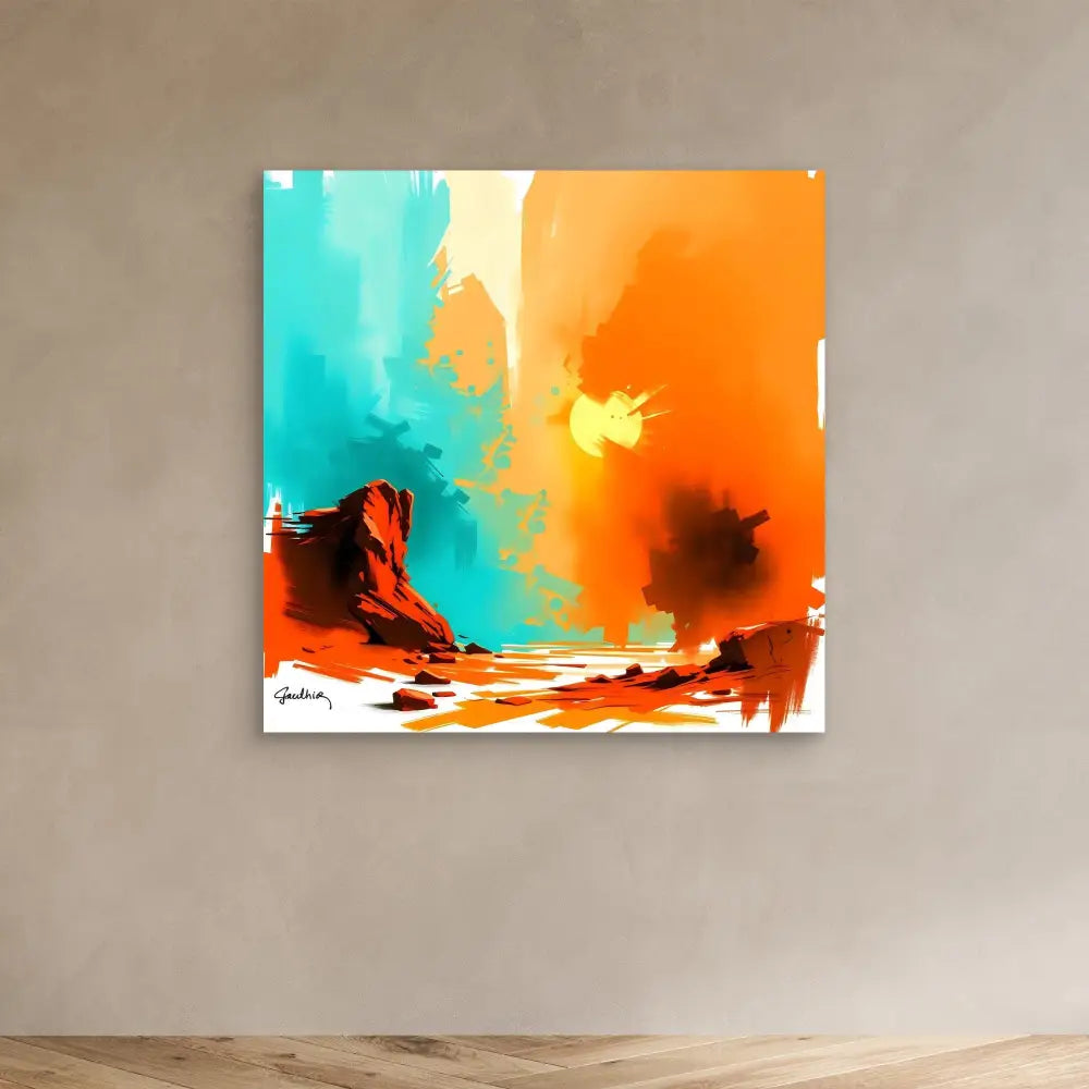 Abstract landscape painting featuring turquoise sky and orange desert formations.