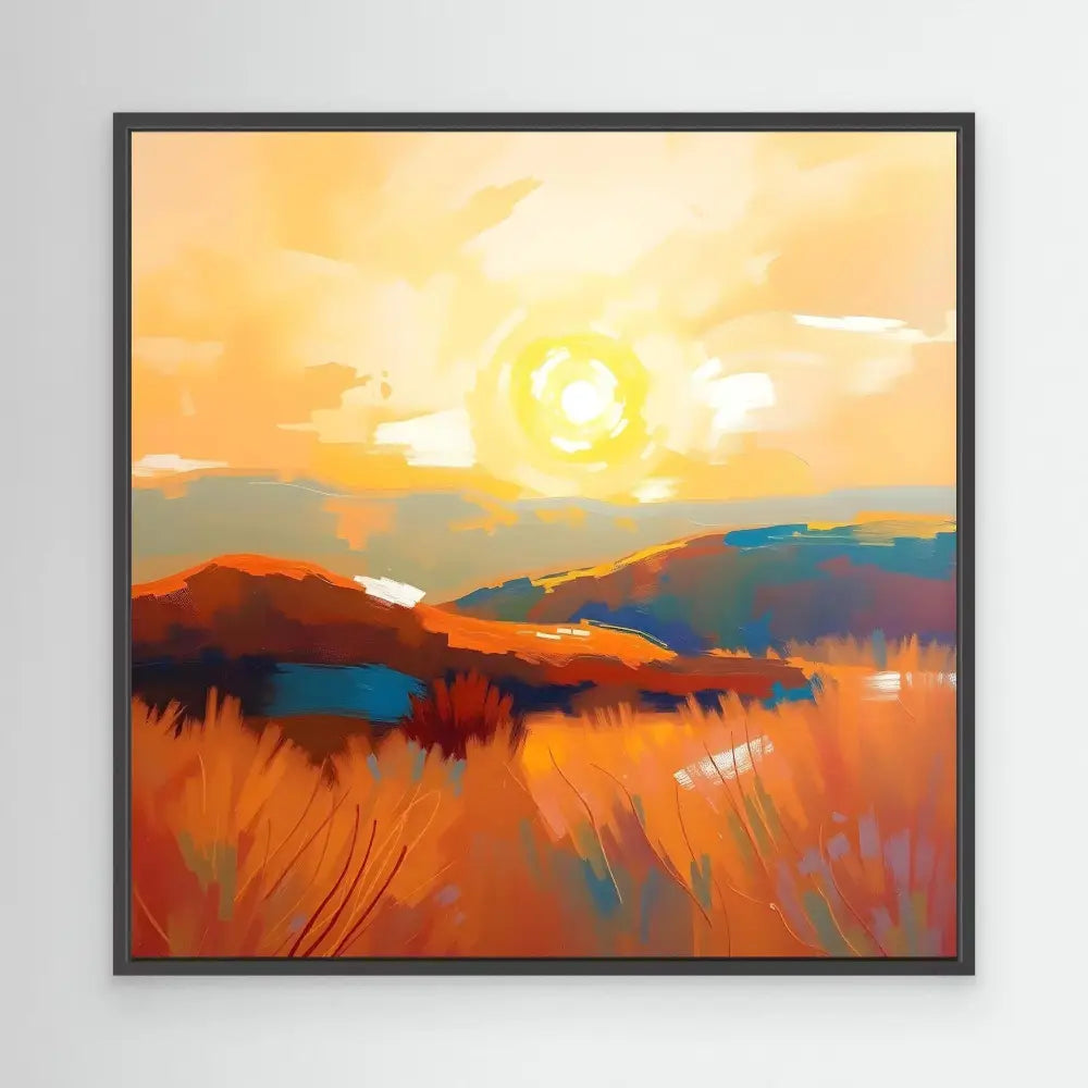 Abstract landscape painting featuring warm orange fields beneath a golden sunset.