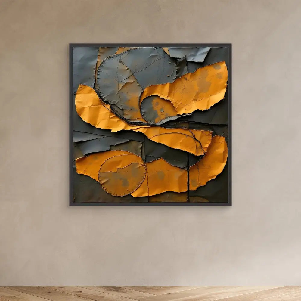 Abstract metal wall art featuring curved orange and gray metallic shapes with torn or jagged edges.