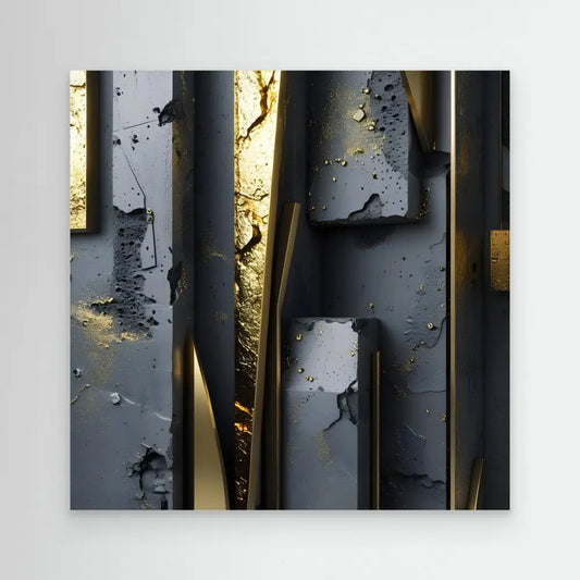 Abstract metallic composition with dark gray panels intersected by gold-toned vertical elements.