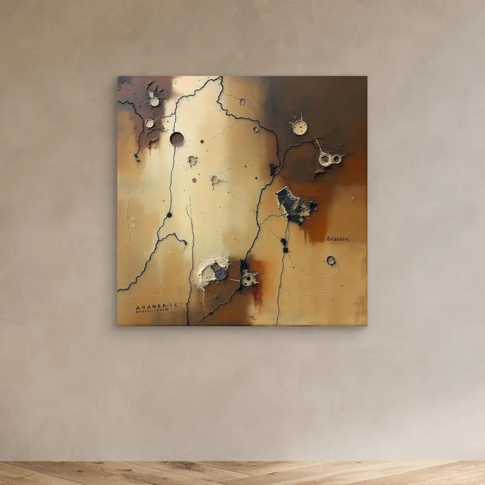 Abstract metallic wall art featuring map-like lines and bullet hole patterns on a bronze-toned surface.