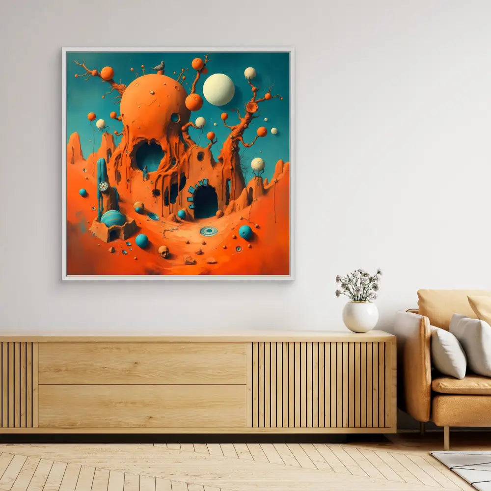 Abstract orange liquid splash with floating spherical orbs against a turquoise backdrop.